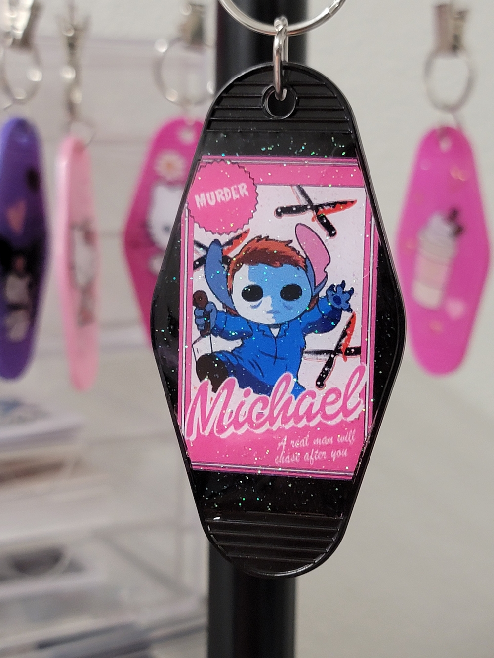 Kids Black Sparkle Keychain with Pink Character Design - Michael